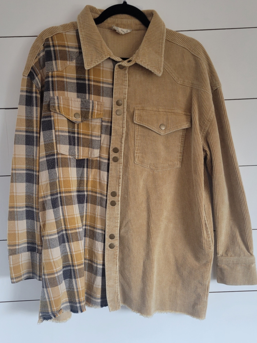 Oli & Hali Oversized Tan Corduroy and Plaid Mixed-Panel Shirt Jacket Size Small